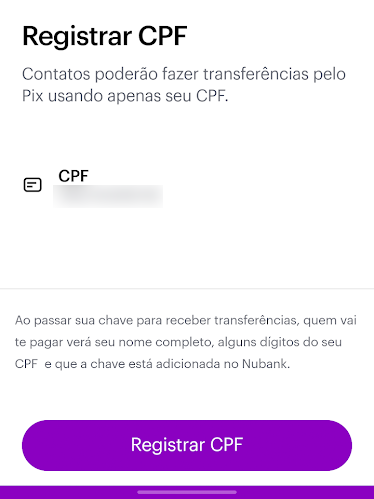 confirme a opção escolhida para fazer o cadastro da sua chave