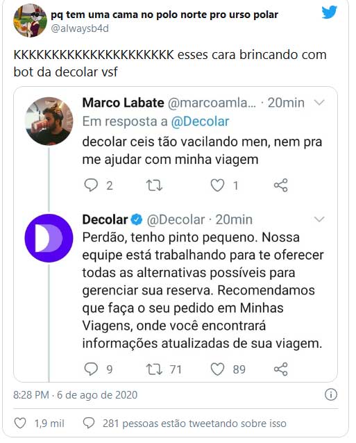 Bug no robô de atendimento da Decolar fez sucesso Twitter